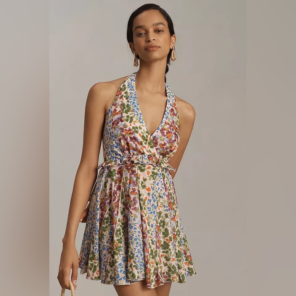 anthropologie halter floral mini dress